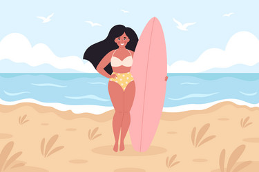 Woman with surfboard on the beach summer activity vector