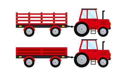 Red farm tractor with open trailer icon set vector