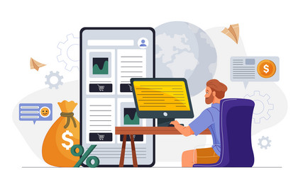 man using desktop for online shopping tasks vector image
