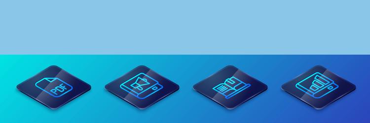 set isometric line open book pdf file document vector image