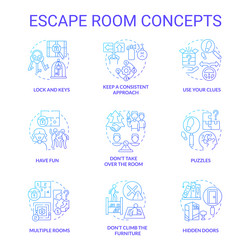 Escape room blue gradient concept icons set vector