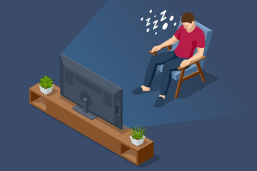 isometric man fell asleep watching tv lazy vector