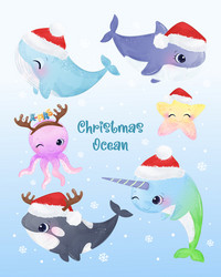 Christmas Animals Watercolor Greeting Card Vector Image