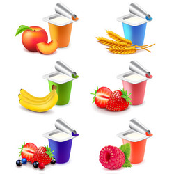 Colorful yogurt cups with fruits 3d realistic set vector