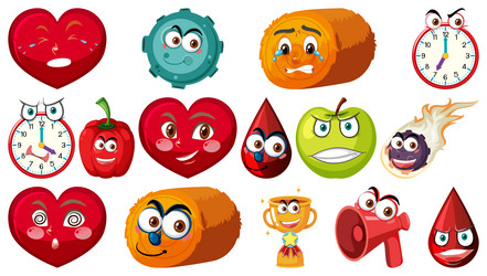 set of different toy objects with smiley faces vector image