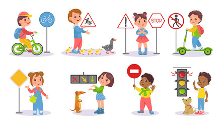 children study road signs kids learning rules vector