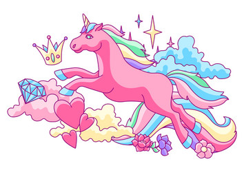 print or card with unicorn and fantasy items vector