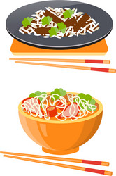 Soup with noodles and meatballs rice meat vector