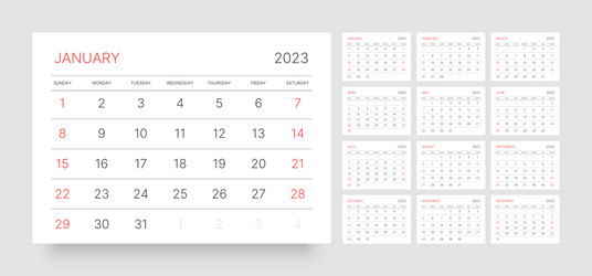 monthly calendar for 2023 year starts on sunday vector