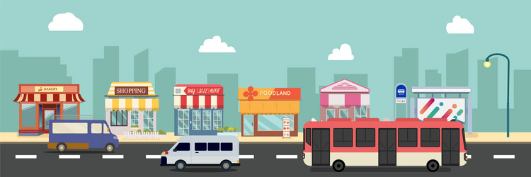 City street and store buildings with bus minibus vector