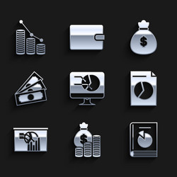 set computer monitor with graph chart money bag vector image