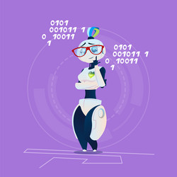 Cute female robot wear glasses thinking modern vector