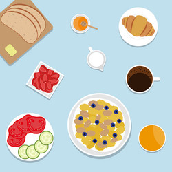 Breakfast eating food and drinks on table top view