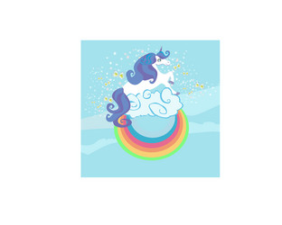 card with a cute unicorn rainbow in the clouds vector