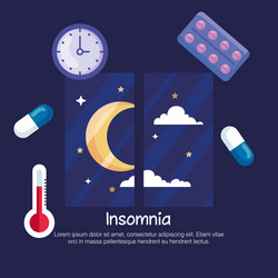 insomnia moon at window and icon set design vector image