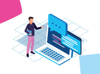 man with laptop computer and speech bubbles vector image