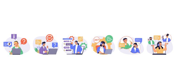 call center concept set with characters in flat vector image