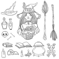 halloween with beautiful witch and witchcraft vector image