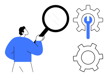 man using magnifying glass analyzing gears vector image