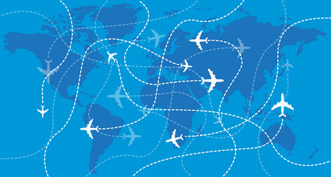 Airplanes traces over the world map vector