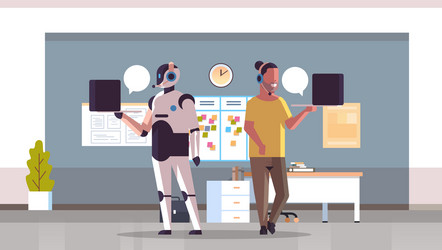 robotic operator with man consultant using laptop vector image
