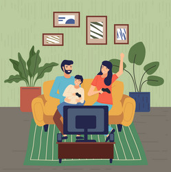 Happy family playing games on video console vector