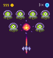 Pixel game space graphics 8 bit aliens spacecraft vector