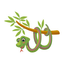 green snake hanging on a tree branch flat vector