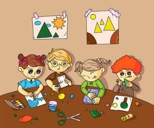 girls and boys paint cut paper crafts at workshop vector