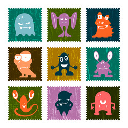 Set of retro postage stamp funny monsters vector