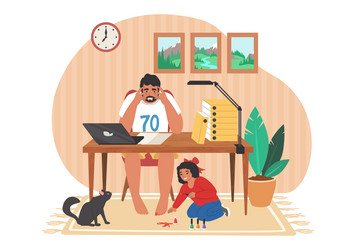 Stressed dad working on computer while naughty kid vector