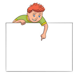 smiling boy pointing hands on blank empty banner vector