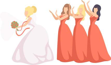 Bride throwing her bouquet to bridesmaids vector