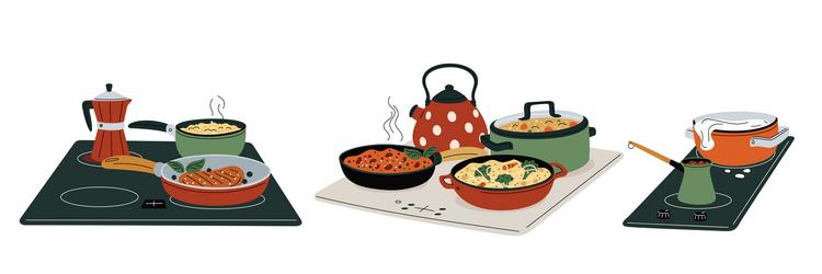 cooking food dishes on stoves pot and pan vector