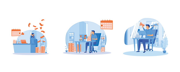 manager sitting at computer desk with stack vector image