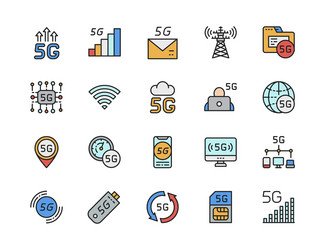 set 5g internet color line icons network vector