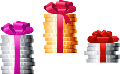 Stacks of coins with colorful ribbons vector