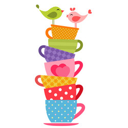 Colorful Birds and Tea Cups Vector Image