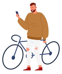 man with bicycle looking at smartphone digital vector