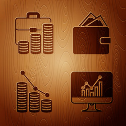 set computer monitor with graph chart briefcase vector image