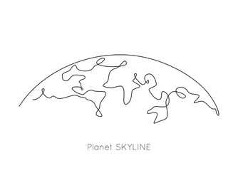 planet skyline and world map in one continuous vector image