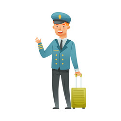 man pilot character in blue uniform with suitcase vector