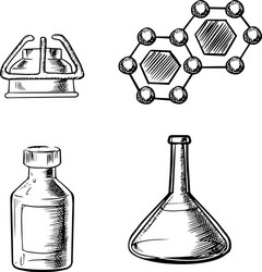 Flask burner bottle and molecule icons sketch vector