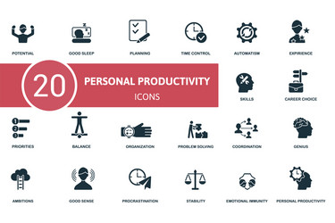 personal productivity icon set contains editable vector image