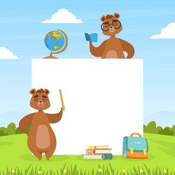 Cute brown bears with blank banner and school vector