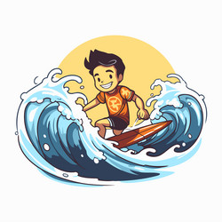 Boy surfing on a wave black and white cartoon Vector Image