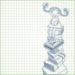 Schoolgirl sitting on the heap of books vector