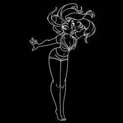 Anime girl in shorts is posing outline on black vector