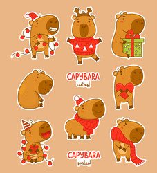 Cute Capybaras Christmas Sticker Vector Image