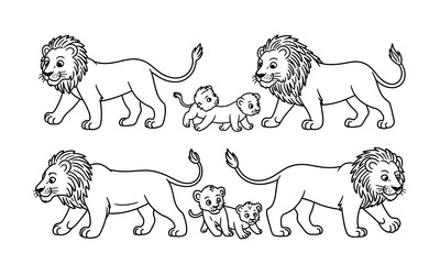 cartoon lion family walking together black Vector Image